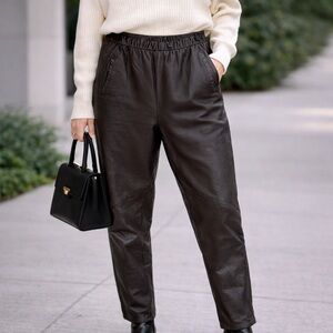 Vintage Para Brown Leather Pull-On Pants Elastic Waist Relaxed Fit Lined Size L